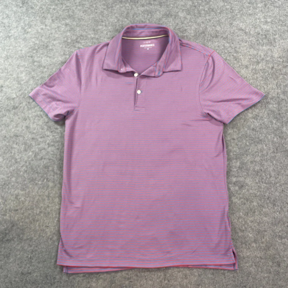 J Crew Performance Mens Polo Shirt M Blue and Red Striped Short Sleeve Golf